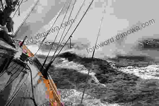 A Sailboat Navigates Through Rough Seas, Its Sails Billowing Against The Wind. Sailing Alone Around The World